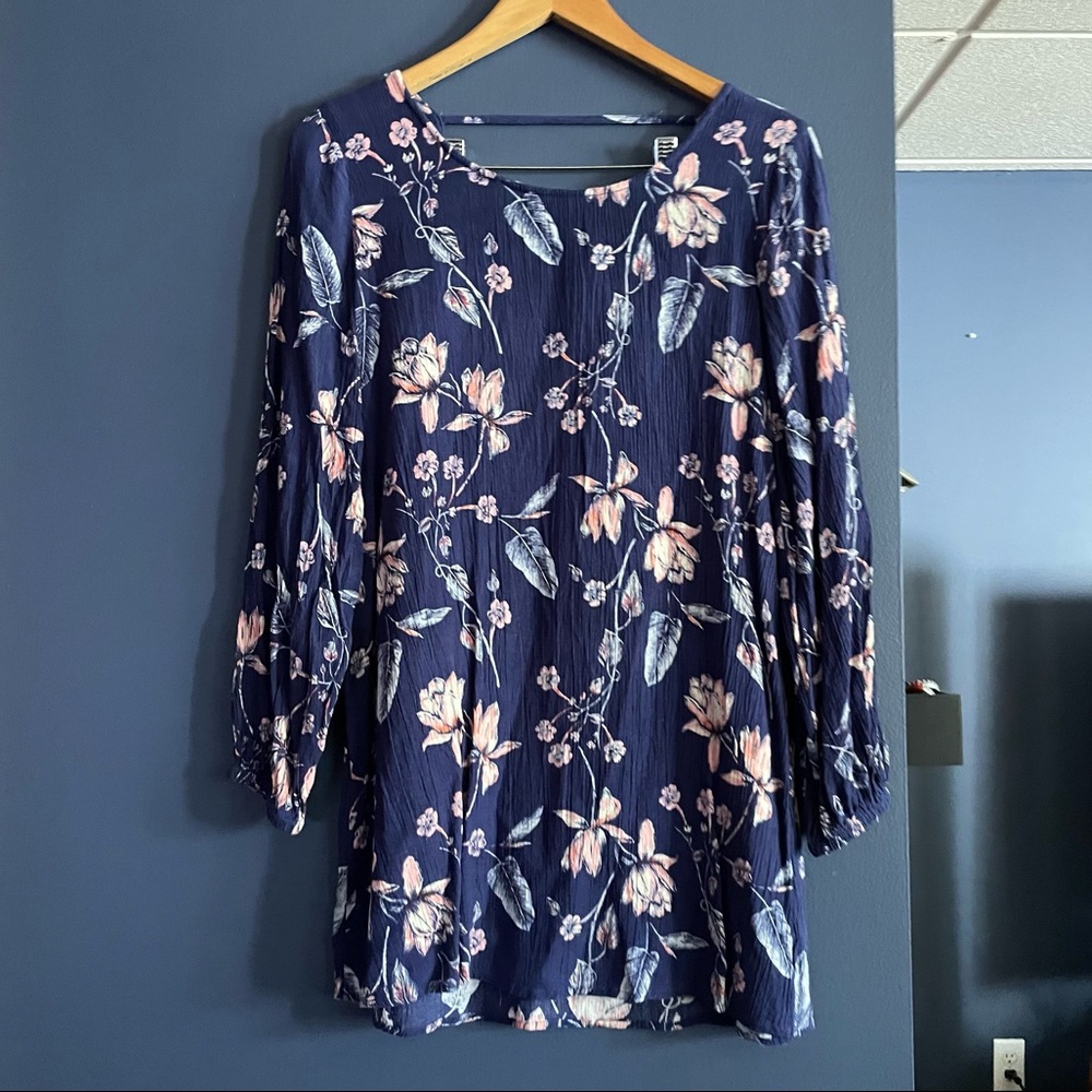 Blue Floral Feather Print Tunic Dress